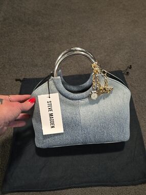 NWT Steve Madden Light Blue Denim Mini Top-Handle Bag with Gold Charm